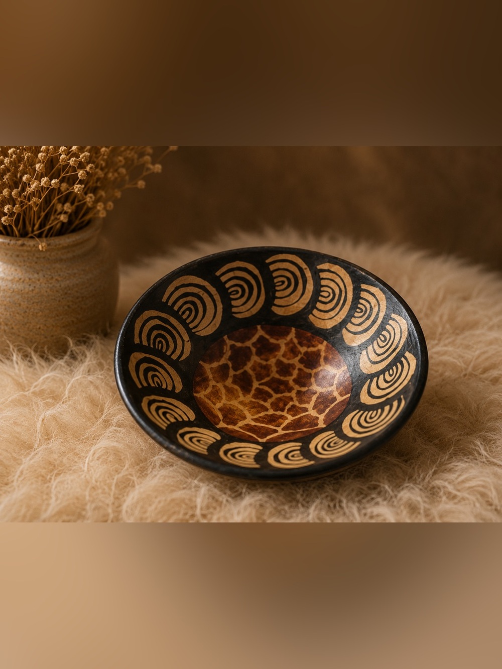 Hand Carved Decorative Wooden Bowl Animal Giraffe Print Painted African Decor